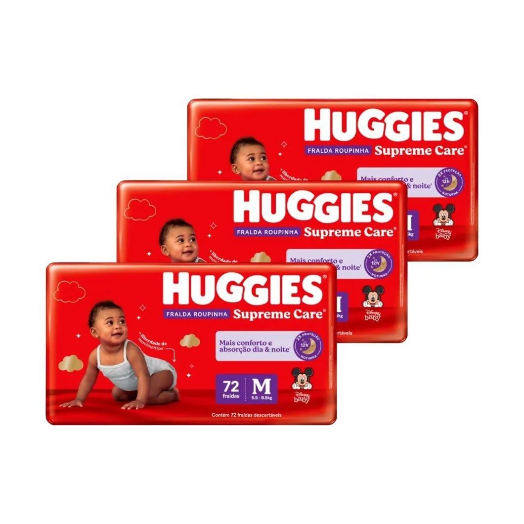 Fralda Descartável Huggies Hiper Roupinha Supreme Care Tamanho M - 3 Pacotes com 72 Fraldas - Total 216
