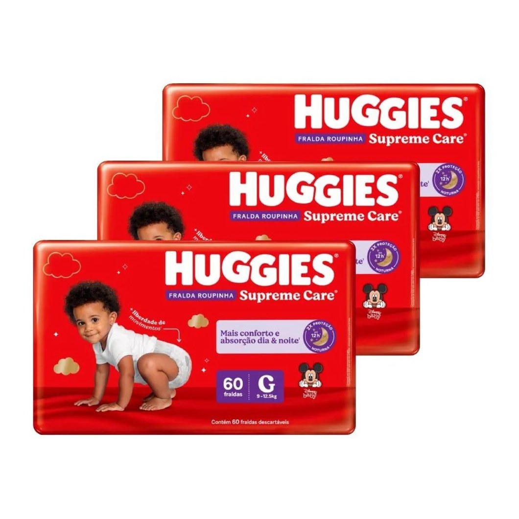 Fralda Descartável Huggies Hiper Roupinha Supreme Care Tamanho G - 3 Pacotes com 60 Fraldas - Total 180 Tiras