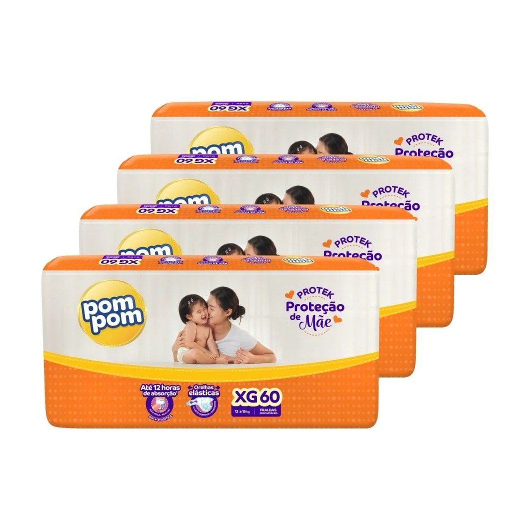 Fralda Descartável Pom Pom Derma Protek Hiper Tamanho Xg - 4 Pacotes com 60 Fraldas - Total 240 Tiras