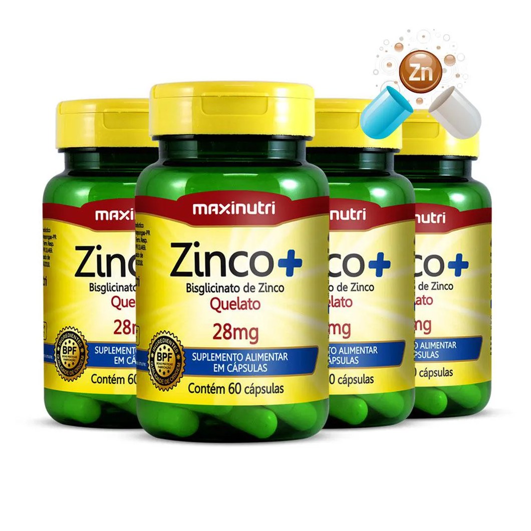 KIT 4 ZINCO+ BISGLICINATO DE ZINCO QUELATO 28MG 60 CáPS MAXINUTRI