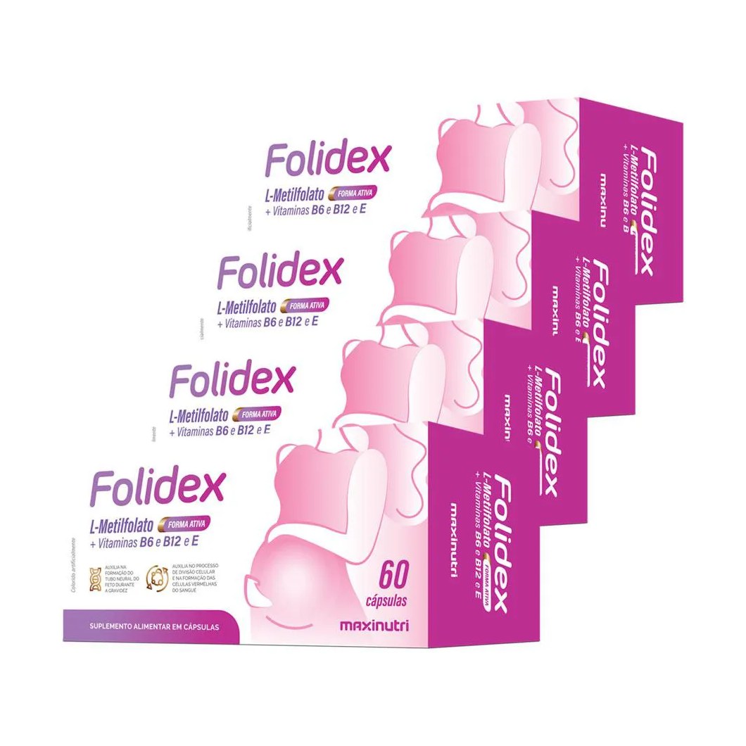 KIT 4 FOLIDEX L-METILFOLATO DE CáLCIO VITAMINAS B6-B12-E 60 CáPS MAXINUTRI
