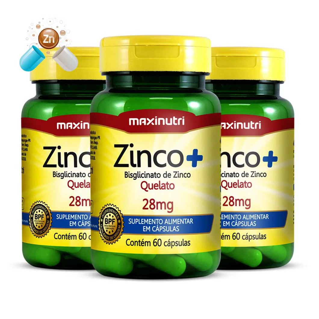 Kit 3 Zinco+ Bisglicinato de Zinco Quelato 28mg 60 cápsulas Maxinutri
