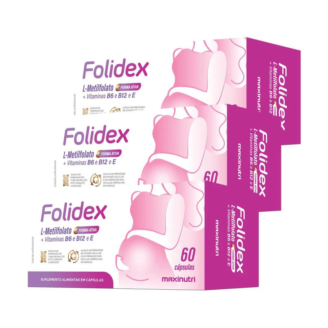 KIT 3 FOLIDEX L-METILFOLATO DE CáLCIO VITAMINAS B6-B12-E 60 CáPS MAXINUTRI