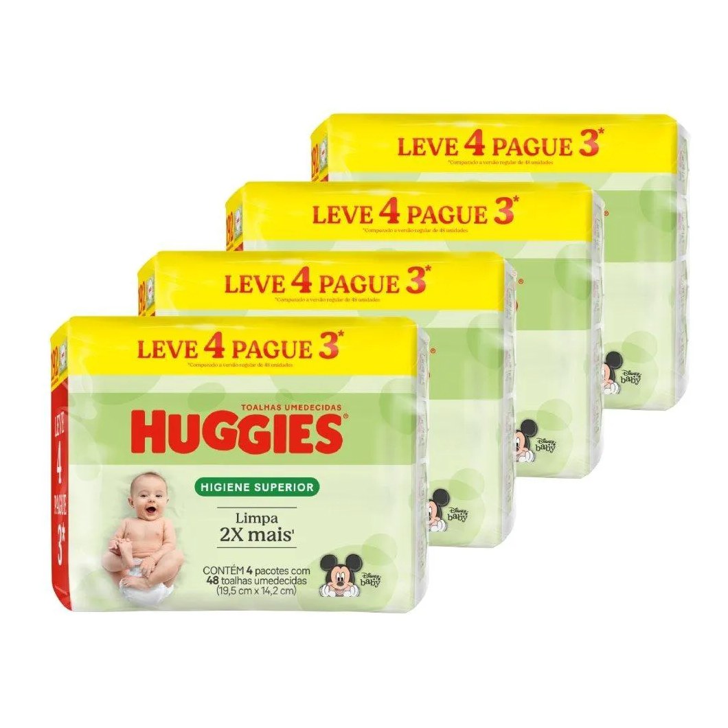 Toalhas Umedecidas Huggies Higiene Superior - 4 Pacotes com 48 Toalhas - 192 Toalhas