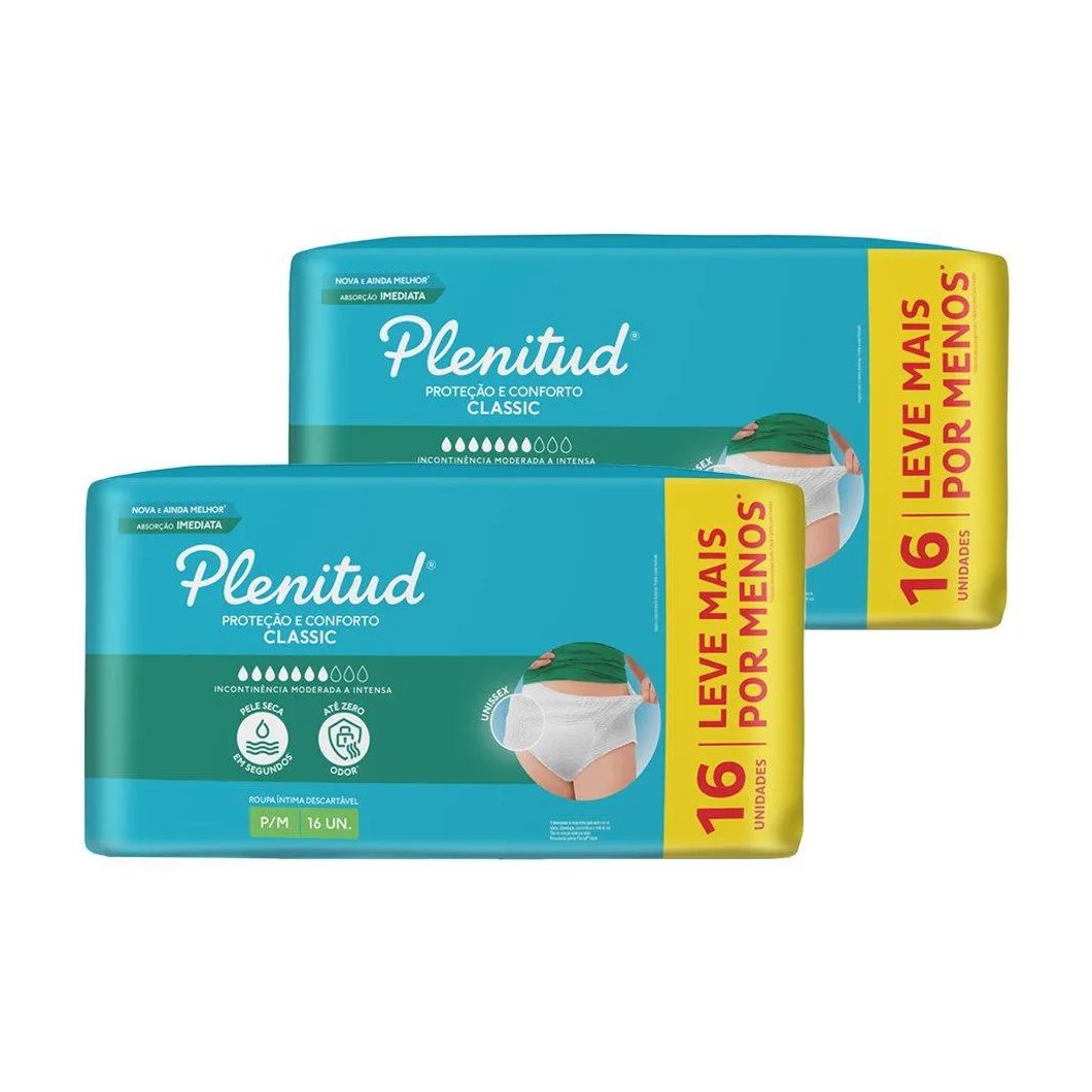 Roupa Íntima Plenitud Classic Intensa Tamanho P/m - 2 Embalagens com 16 Fraldas - Total 32 Tiras