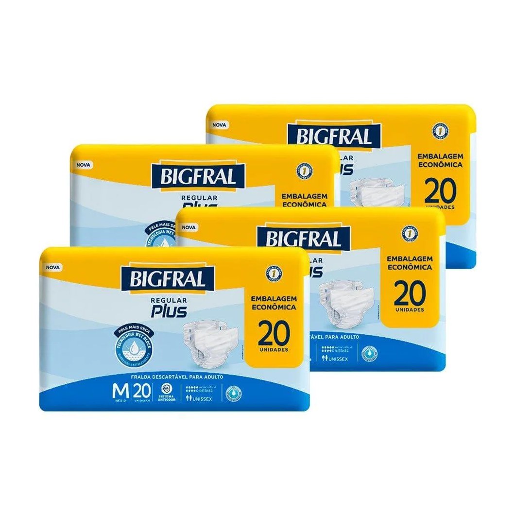 Fralda Descartável Geriátrica Bigfral Plus Regular Tamanho M - 4 Pacotes com 20 Fraldas - Total 80 Tiras