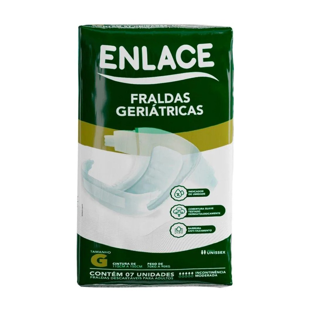 Fralda Descartável Enlace Adulto Tamanho G - 8 Pacotes com 7 Fraldas - Total 56 Tiras