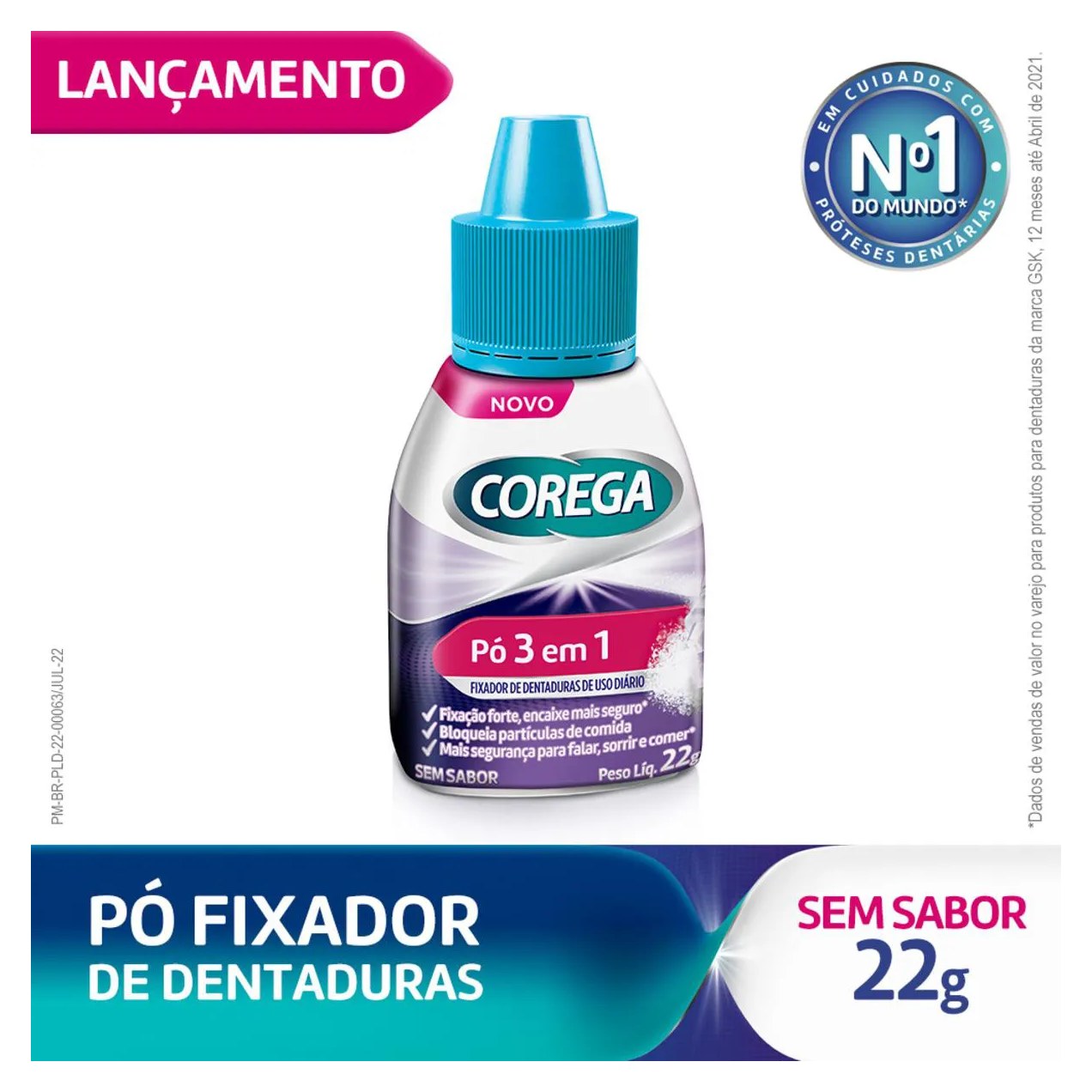 Pó Fixador de Dentaduras Corega 3 em 1 Sem Sabor 22g