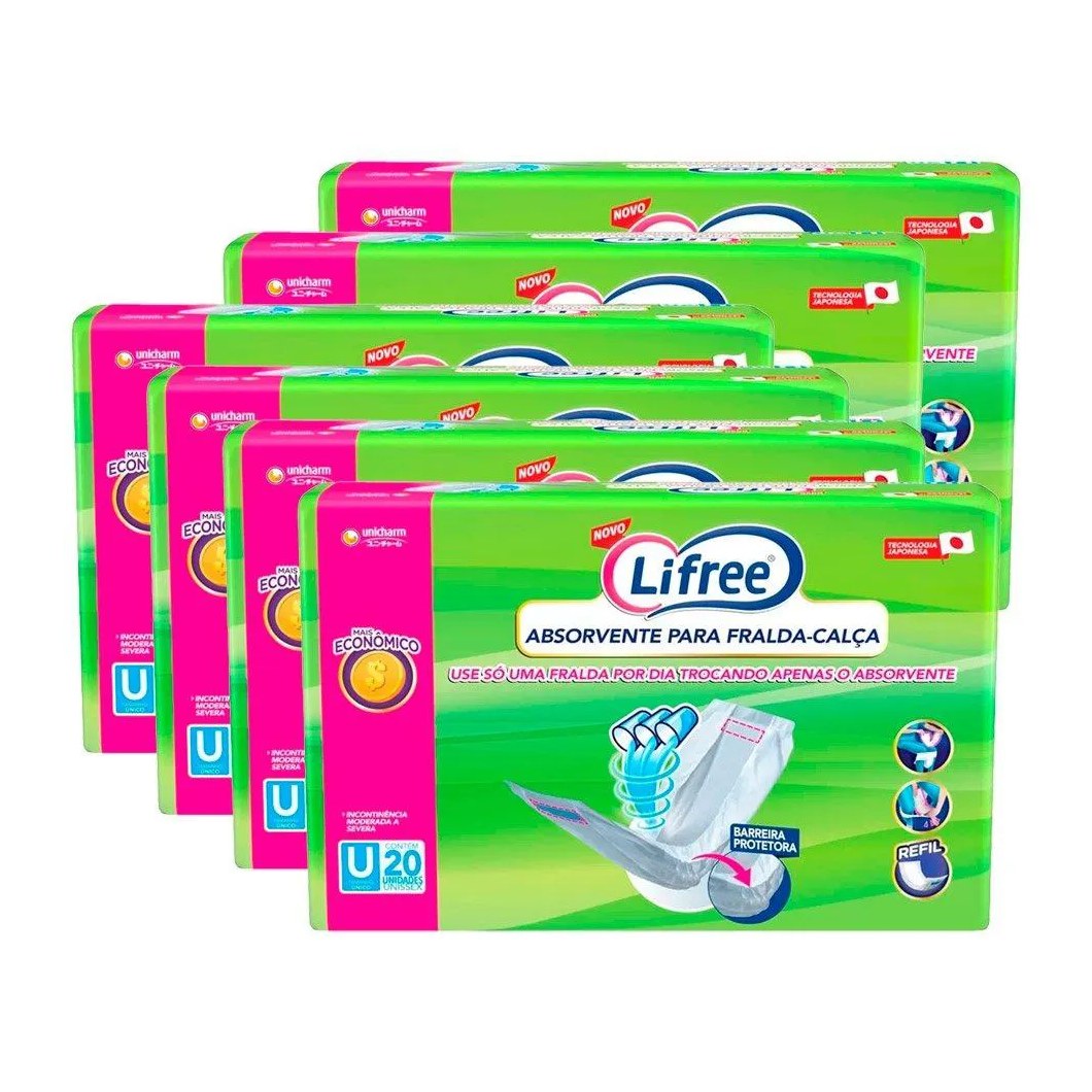 Absorvente Geriátrico Lifree para Fralda Calça Refil - 6 Embalagens com 20 unidades