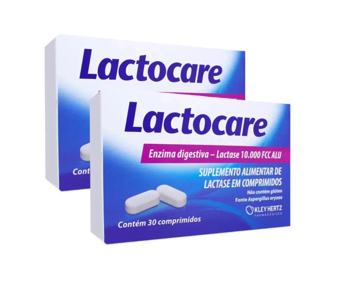 Lactocare Enzima Digestiva Suplemento de Lactase 30 comprimidos 10.000 Fcc Alu - Kit 2 - Kley Hertz