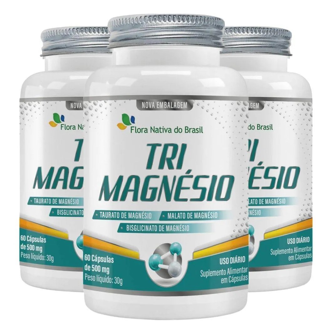 Kit 3x Tri Magnésio Taurato, Malato e Bisglicinato 60 Cápsulas- Flora Nativa