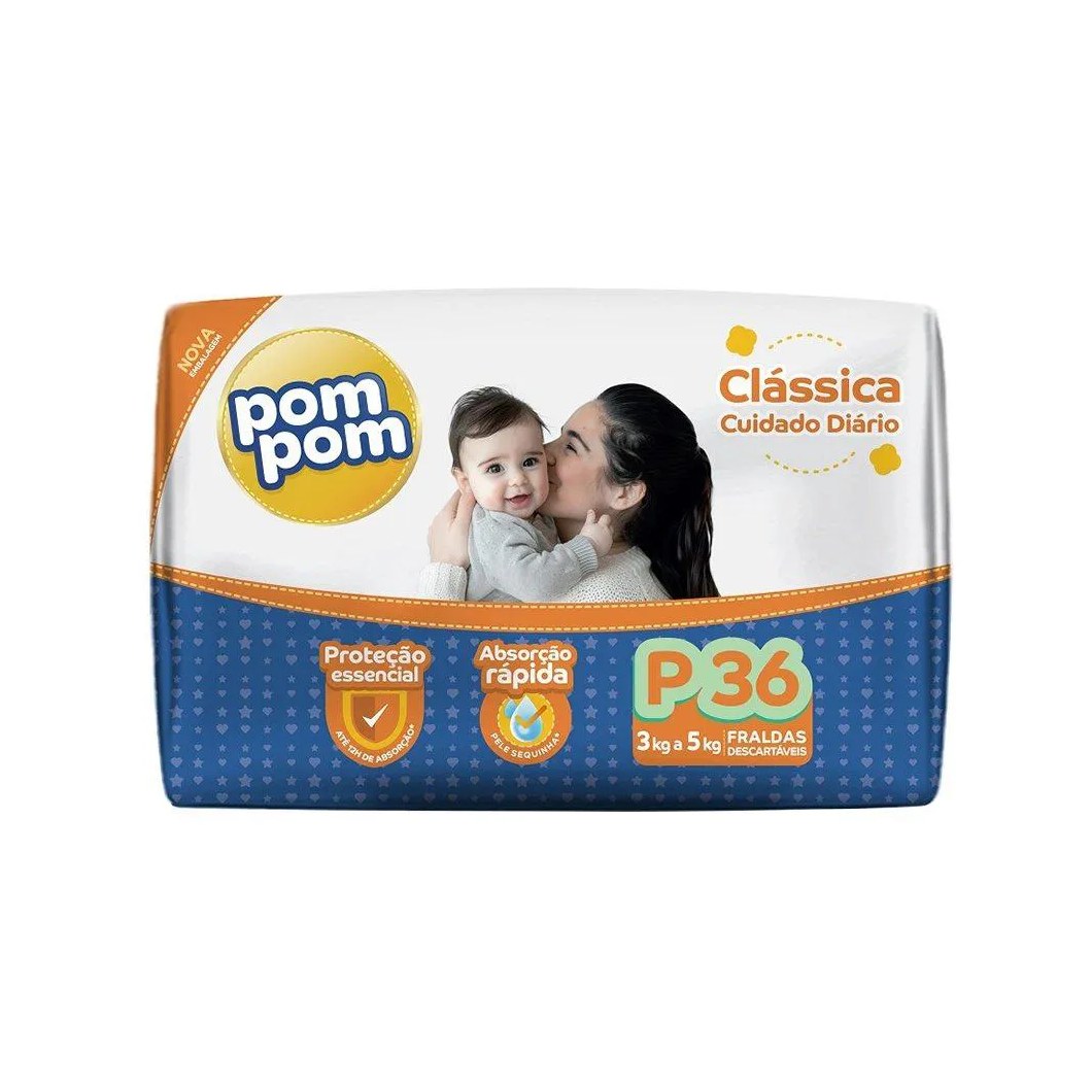 Fralda Descartável Pompom Clássica Econômica Tamanho P - 8 Pacotes com 36 Fraldas - Total 288 Tiras
