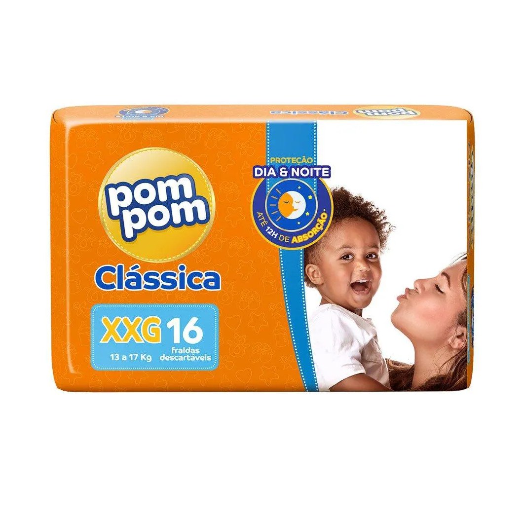 Fralda Descartável Pom Pom Clássica Jumbo Tamanho Xxg - 8 Pacotes com 16 Fraldas - Total 128 Tiras