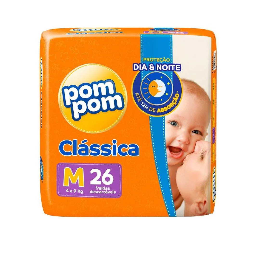 Fralda Descartável Pom Pom Clássica Jumbo Tamanho M - 8 Pacotes com 26 Fraldas - Total 208 Tiras