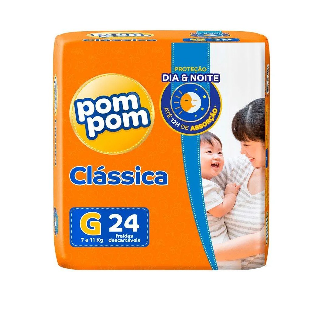 Fralda Descartável Pom Pom Clássica Jumbo Tamanho G - 8 Pacotes com 24 Fraldas - Total 192 Tiras