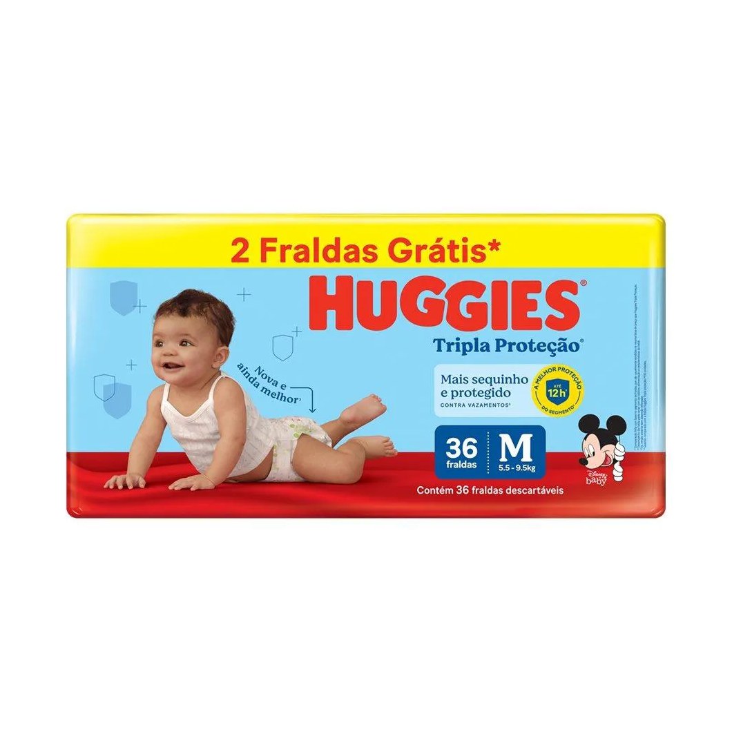 Fralda Descartável Huggies Tripla Proteção Mega Tamanho M - 6 Pacotes com 36 Fraldas - Total 216 Tiras - Leve 2 Tiras