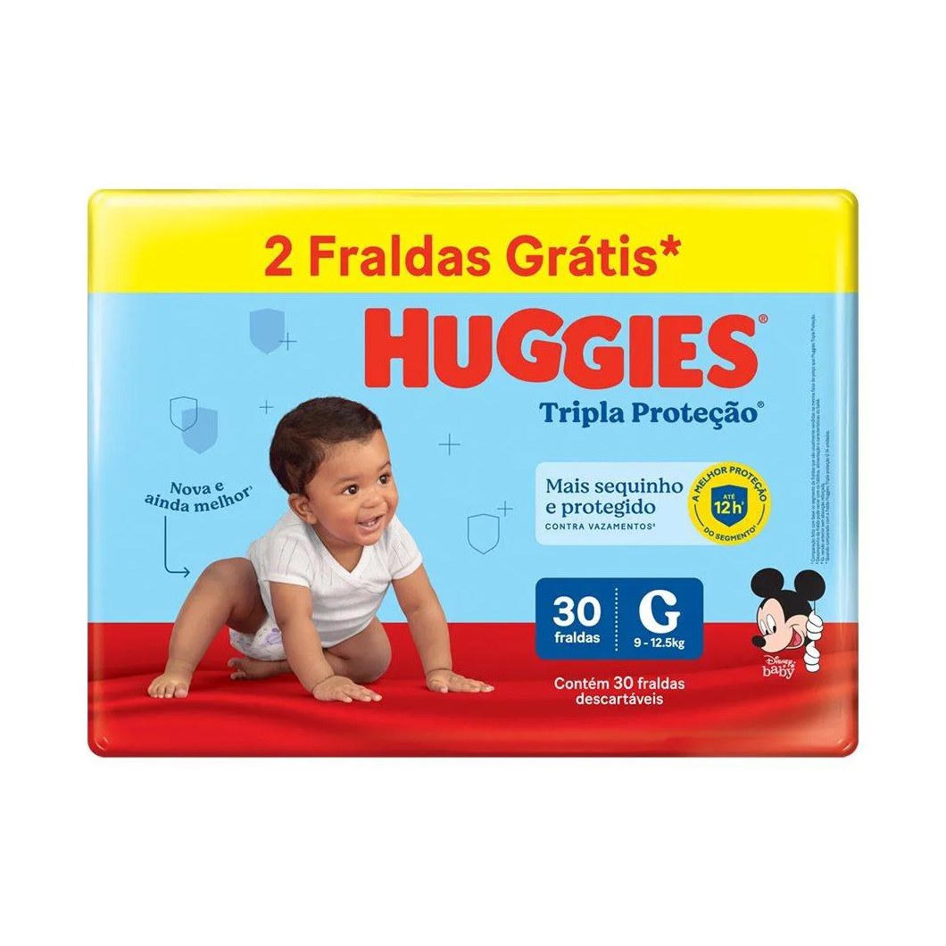 Fralda Descartável Huggies Tripla Proteção Mega Tamanho G - 9 Pacotes com 30 Fraldas - Total 270 Tiras - Leve 2 Tiras