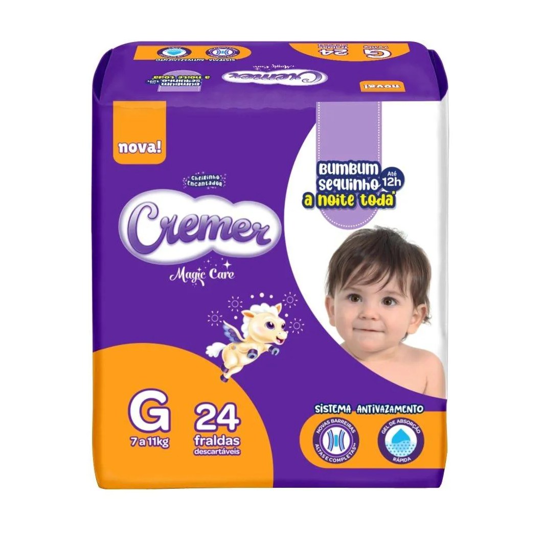 Fralda Descartável Cremer Jumbo Tamanho G - 8 Pacotes com 24 Fraldas - Total 192 Tiras