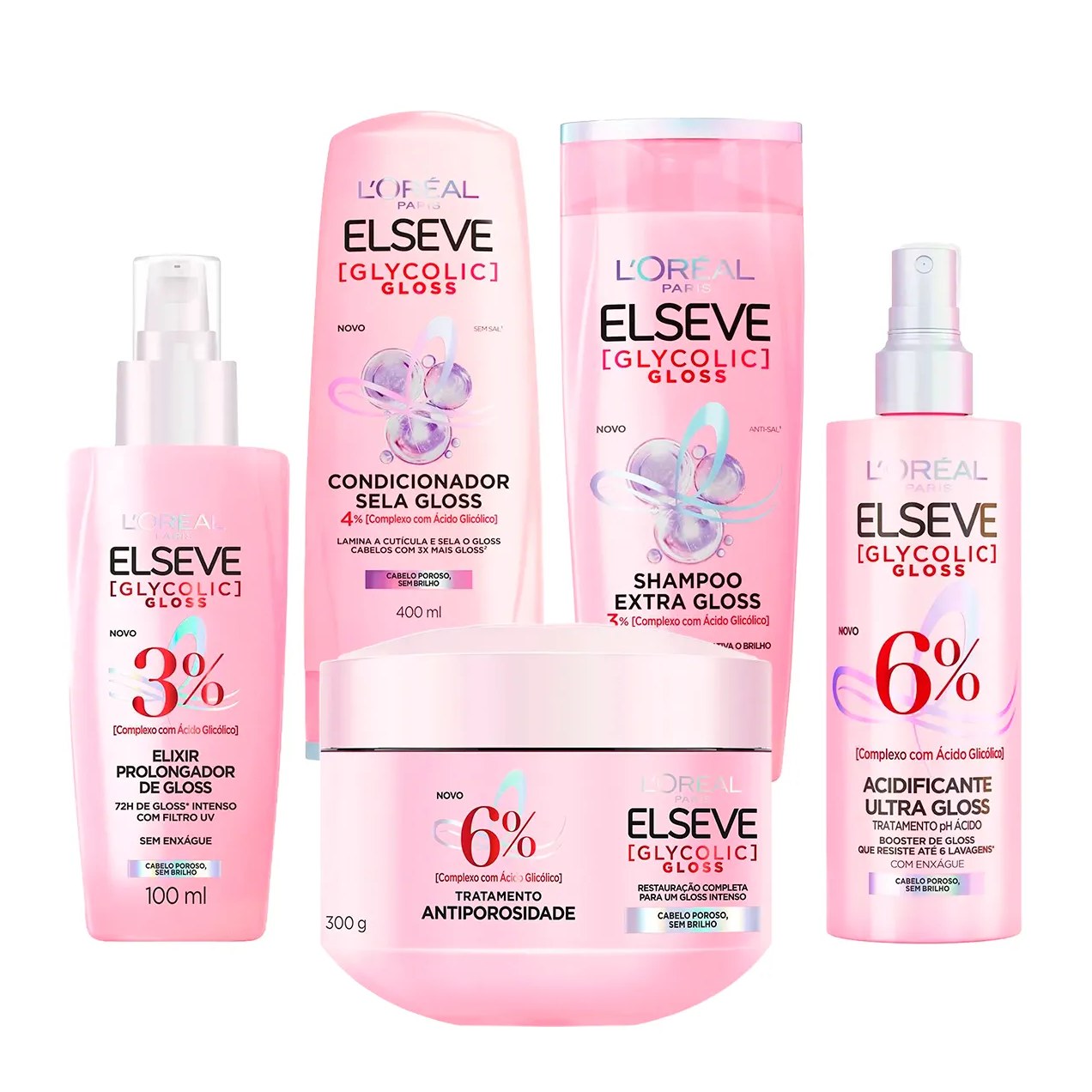 Kit Elseve Glycolic Gloss Shampoo + Condicionador + Acidificante + Creme de Tratamento + Sérum