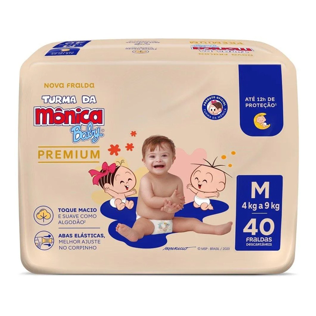 Fralda Descartável Turma da Mônica Premium Econômica Tamanho M 6 Pacotes com 40 Fraldas- Total 240 Tiras