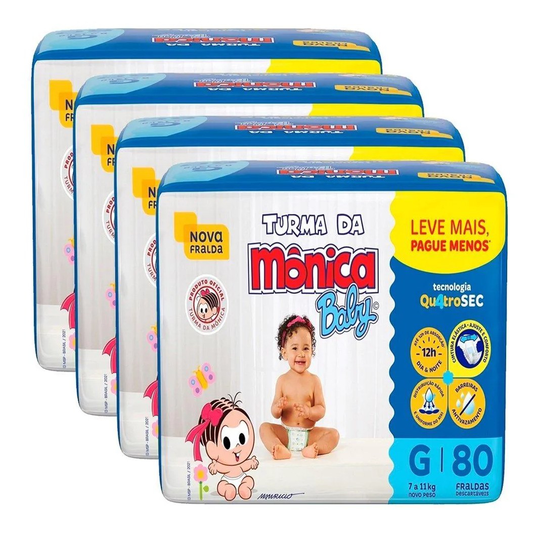 Fralda Descartável Turma da Mônica Giga Grande 4 Pacotes C/ 80 Fraldas
