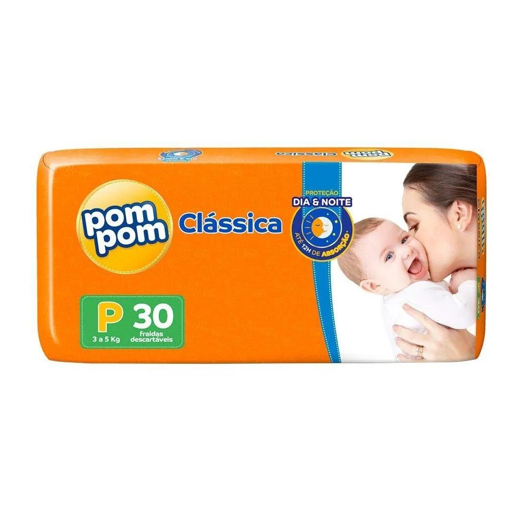 Fralda Descartável Pom Pom Clássica Jumbo Tamanho P - 8 Pacotes com 30 Fraldas - Total 240 Tiras