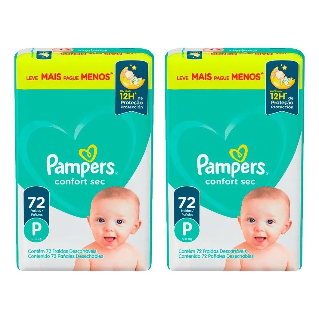 Fralda Descartável Pampers Confort Sec Tamanho P - 2 Pacotes com 72 Fraldas - Total 144 Tiras