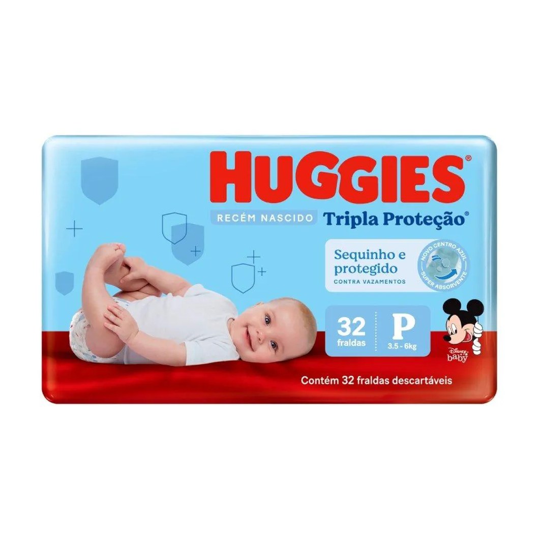 Fralda Descartável Huggies Tripla Proteção Jumbo - Recém Nascido Tamanho P, 9 Pacotes com 32 Fraldas - Total 288 Tiras