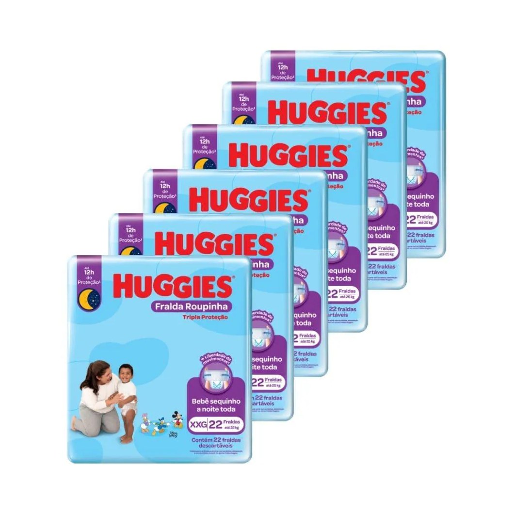 Fralda Descartável Huggies Tripla Proteção - Roupinha Tamanho Xxg, 6 Pacotes com 22 Fraldas - Total 132 Tiras