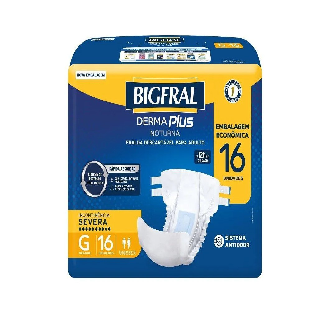 Fralda Descartável Adulto Bigfral Derma Plus Noturna Econômica Tamanho G - 4 Pacotes com 16 Fraldas - Total 64 Tiras