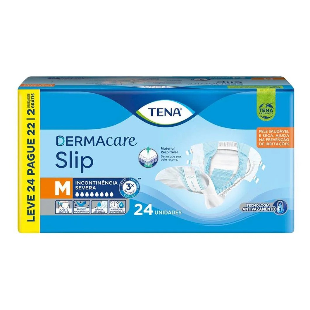 Fralda Descartável Adulto Tena - Slip Dermacare Tamanho M - 3 Pacotes com 24 Tiras