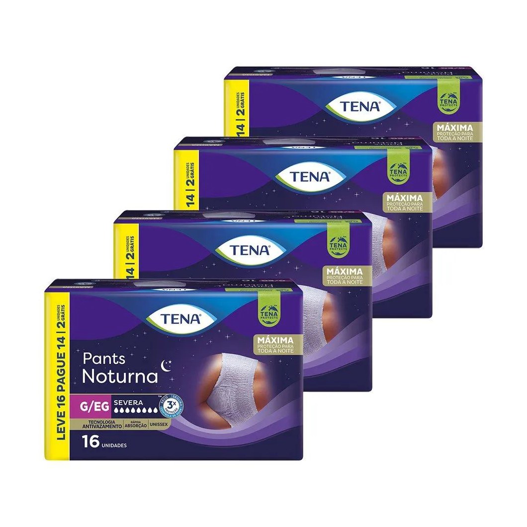 Fralda Descartável Adulto Tena Pants Noturna Mega Tamanho G/eg - 4 Pacotes com 16 Fraldas - Total 64 Tiras