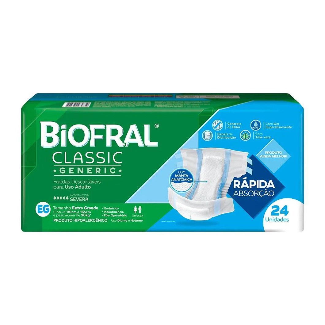 Fralda Descartável Adulto Biofral Classic Generic Tamanho Xg - 3 Pacotes com 24 Fraldas - Total 72 Tiras