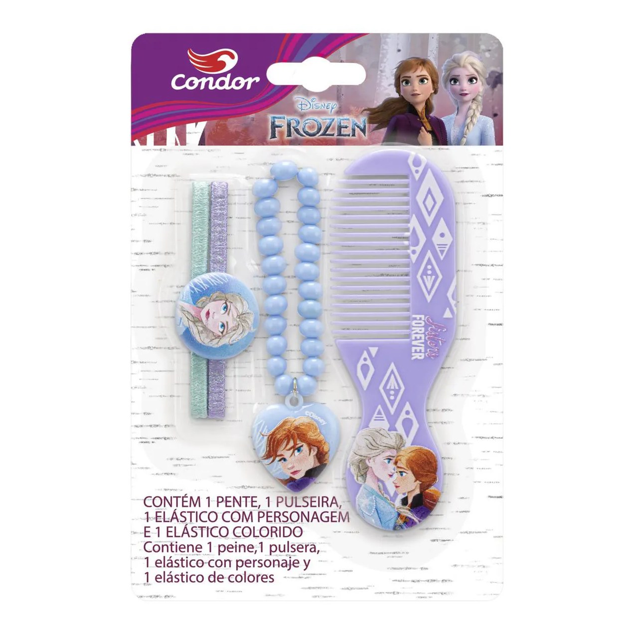 KIT PENTE + ELáSTICO COM PERSONAGEM + ELáSTICO COLORIDO + PULSEIRA FROZEN CONDOR