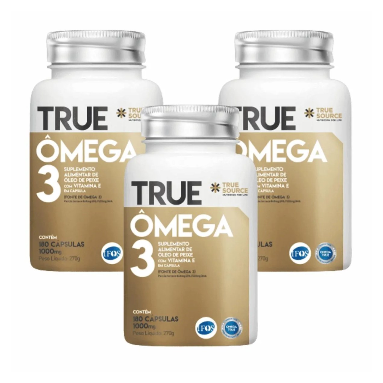Kit 3 Ômega 3 Truesource Vitamina e Certificado Ifos Concentrado 180 cápsulas sem sabor