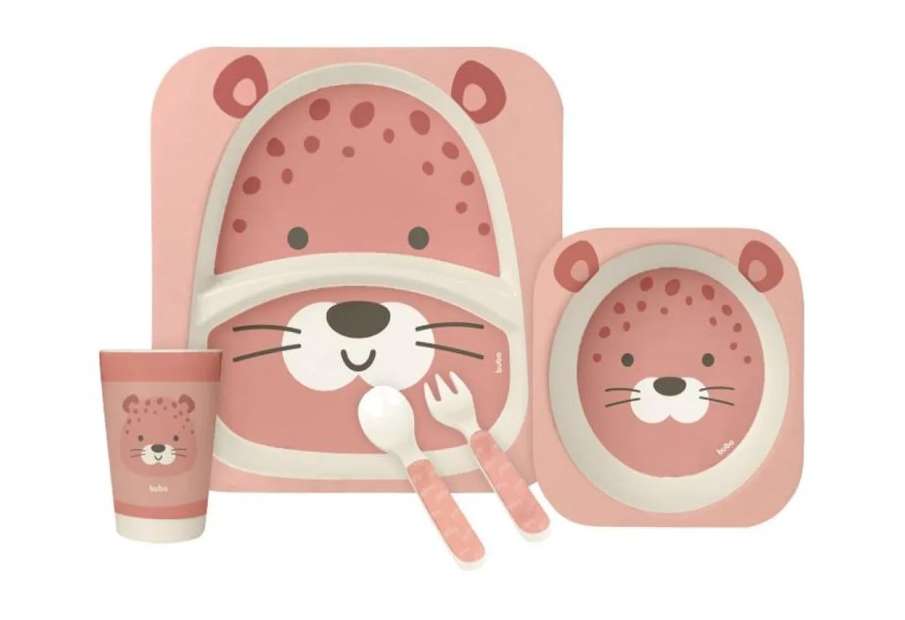 Kit Refeição Infantil em Fibra de Bambu Ecológico 5 Peças Oncinha - Buba