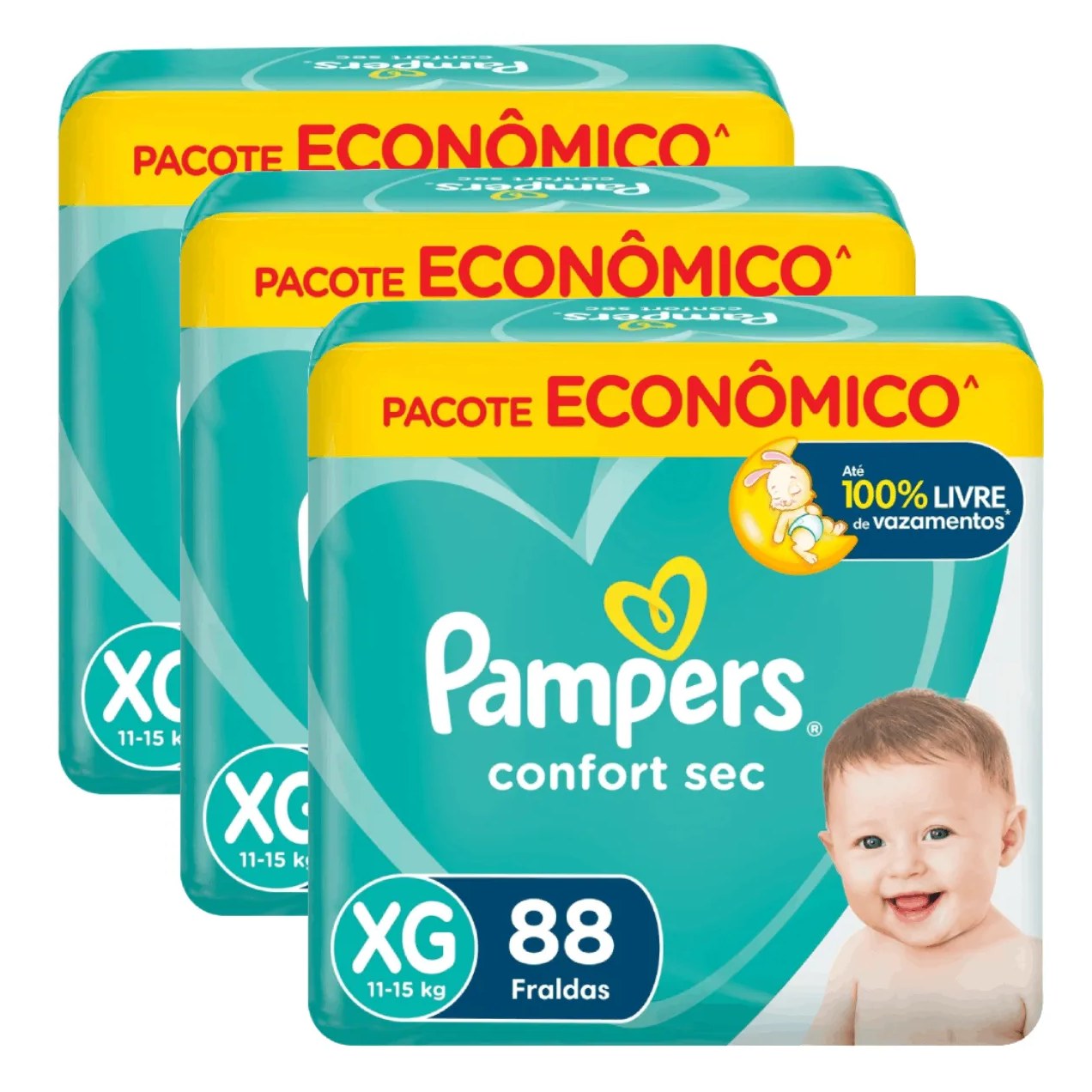 Kit 3 Fraldas Pampers Confort Sec XG 88 unidades cada