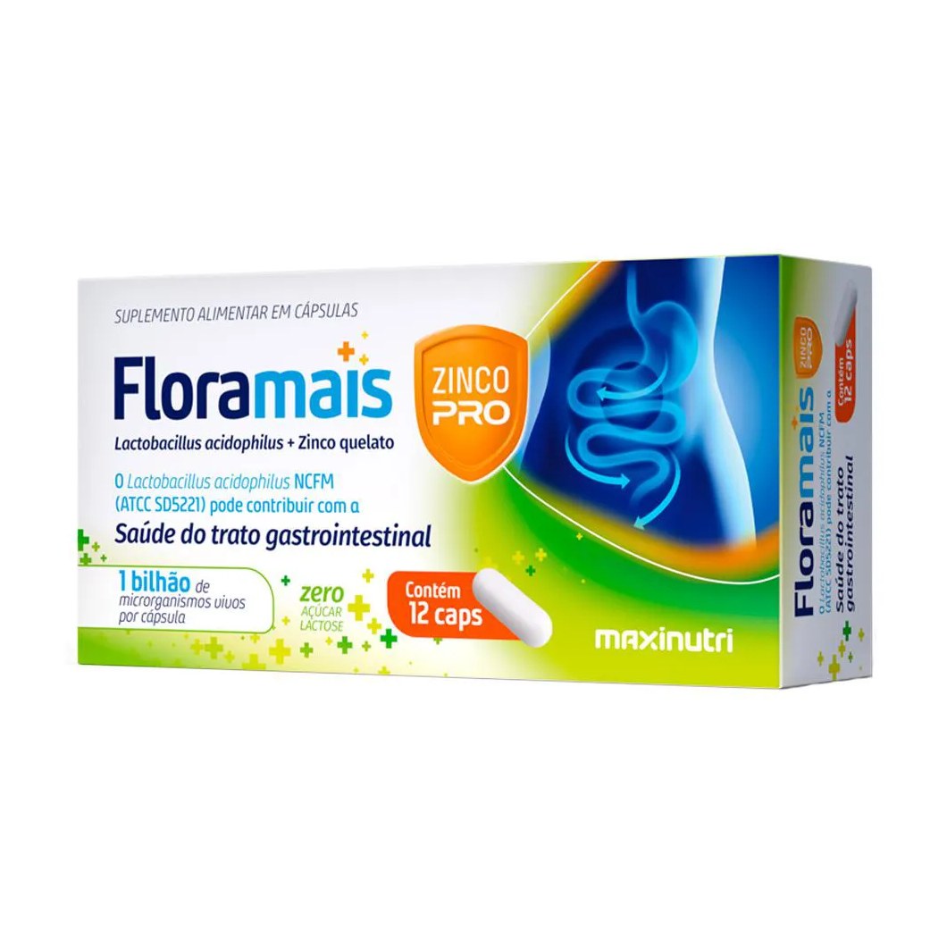 Floramais + Zinco Probiotico Lactobacillus 12 Cápsulas Maxinutri