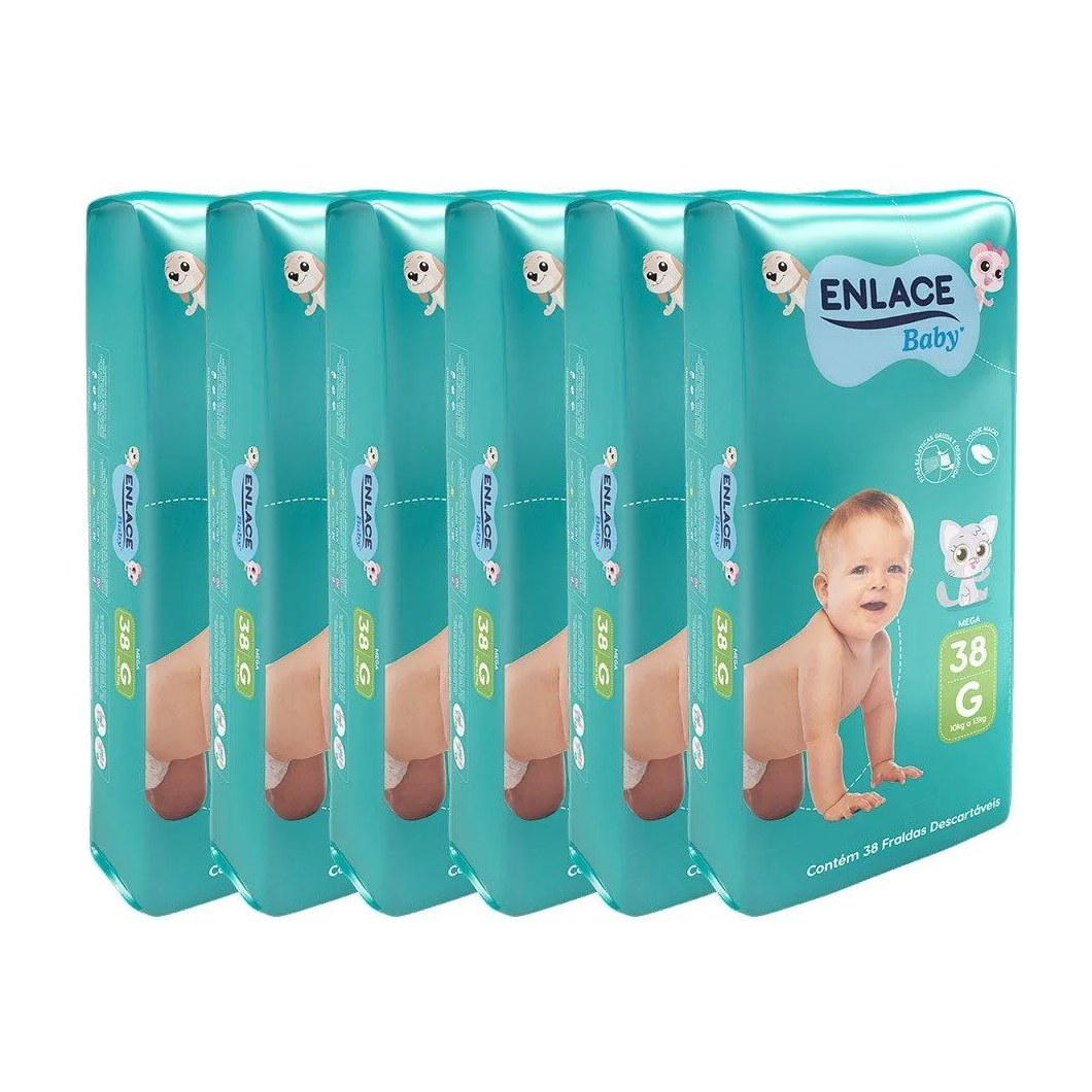 Fralda Descartável Enlace Baby Mega Tamanho G - 6 Pacotes com 38 Fraldas - Total 228 Tiras