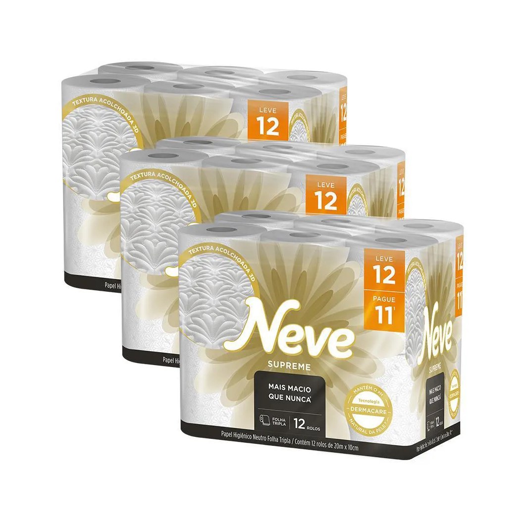Kit 3 Papel Higiênico Neve Supreme Folha Tripla Leve 12un Cada