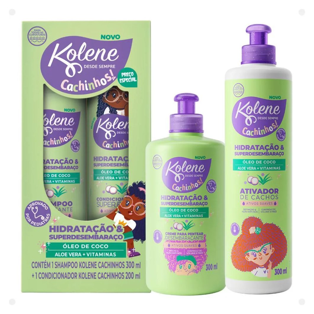 Kit Kolene Cachinhos: Shampoo 300ml, Condicionador 200ml, Creme para Pentear e Ativador de Cachos