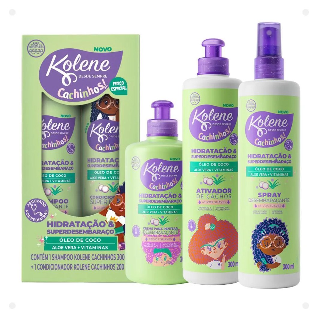 Kit Kolene Cachinhos: Shampoo 300ml, Condicionador 200ml, Creme para Pentear, Ativador de Cachos e Spray Desembaraçante