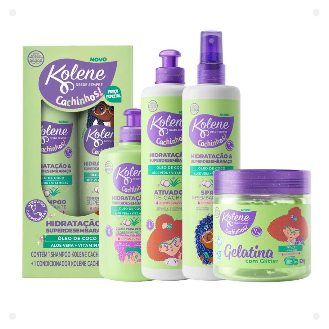 Kit Kolene Cachinhos: Shampoo 300ml, Condicionador 200ml, Creme para Pentear, Ativador de Cachos, Spray Desembaraçante e Gelatina