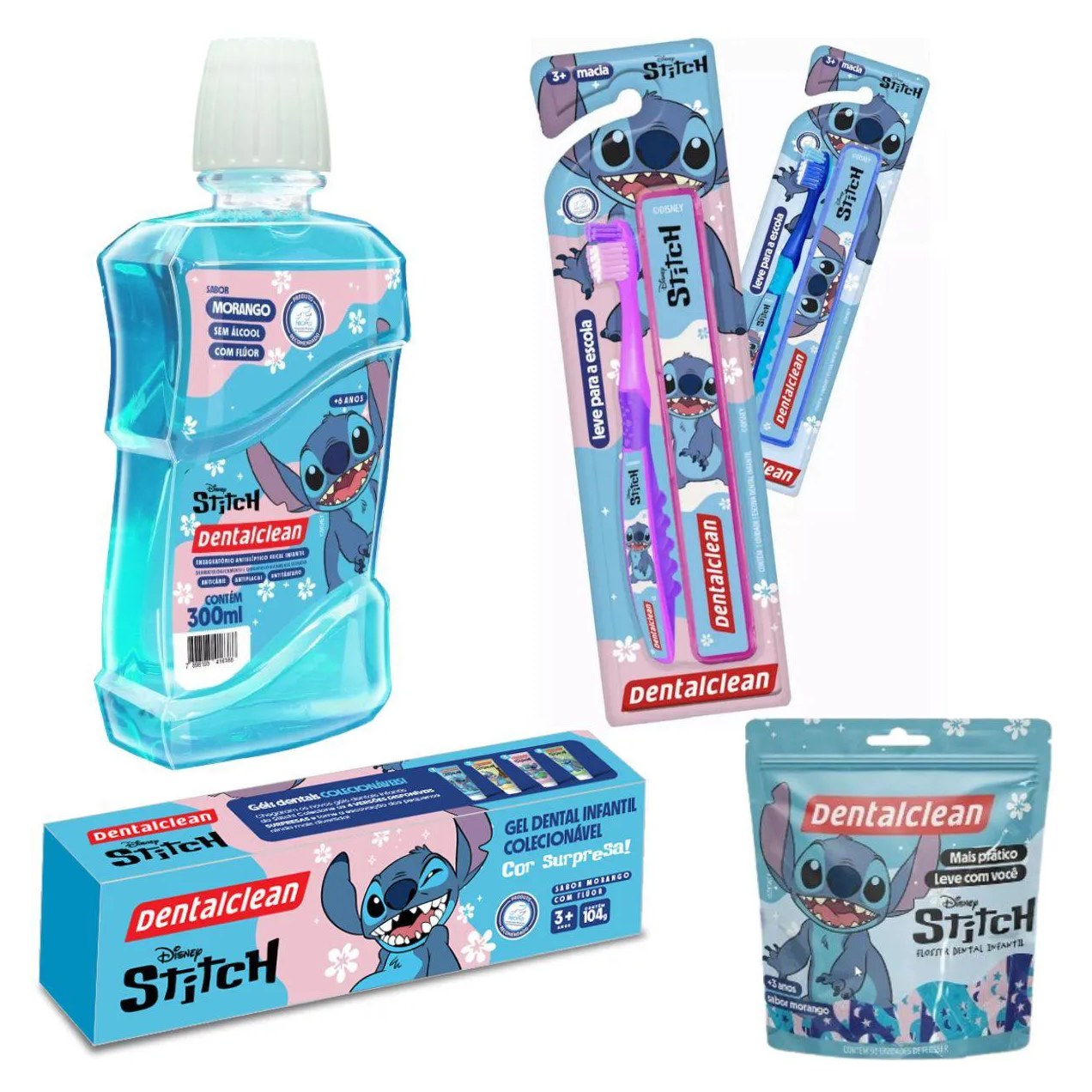 KIT ESCOVA 3A, GEL, ENXAGUANTE, FLOSSER STITCH - DENTALCLEAN