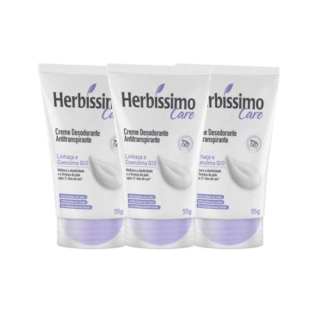 Kit Desodorante Cremoso Herbíssimo Care Linhaça e Coenzima Q10 55g (3 Unidades)