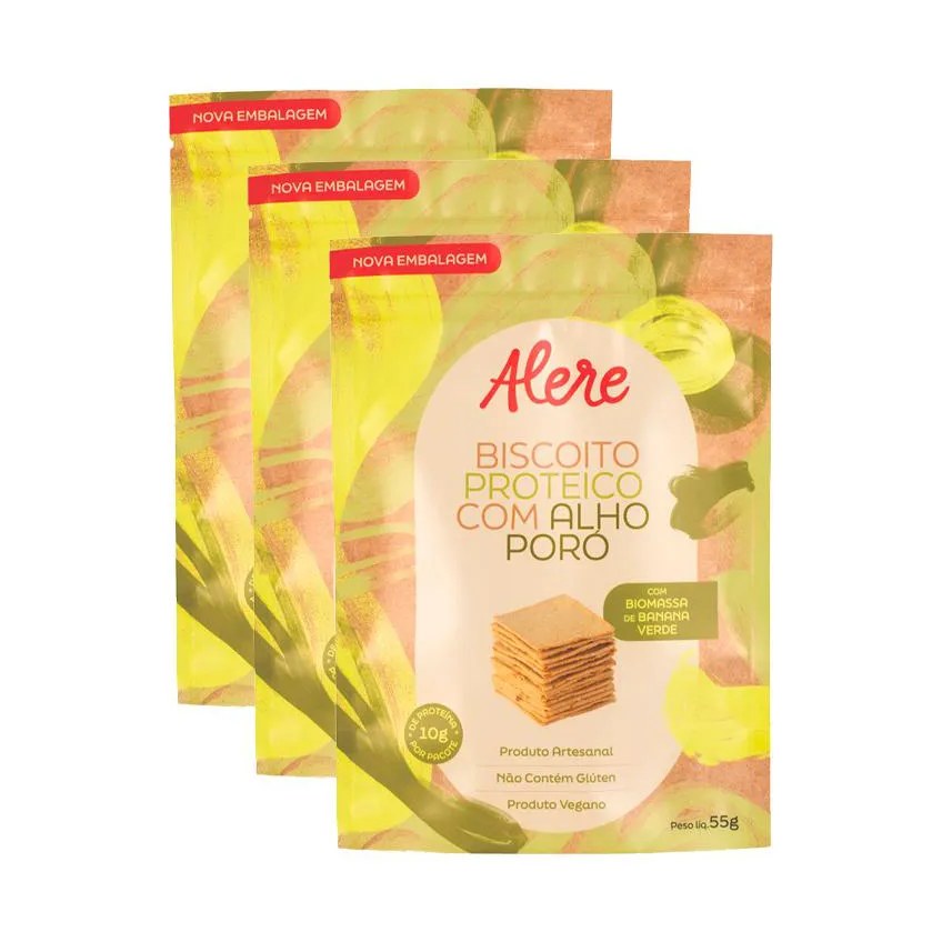 Kit 3X: Biscoito Proteico com Alho Poró sem Glúten Alere 55G