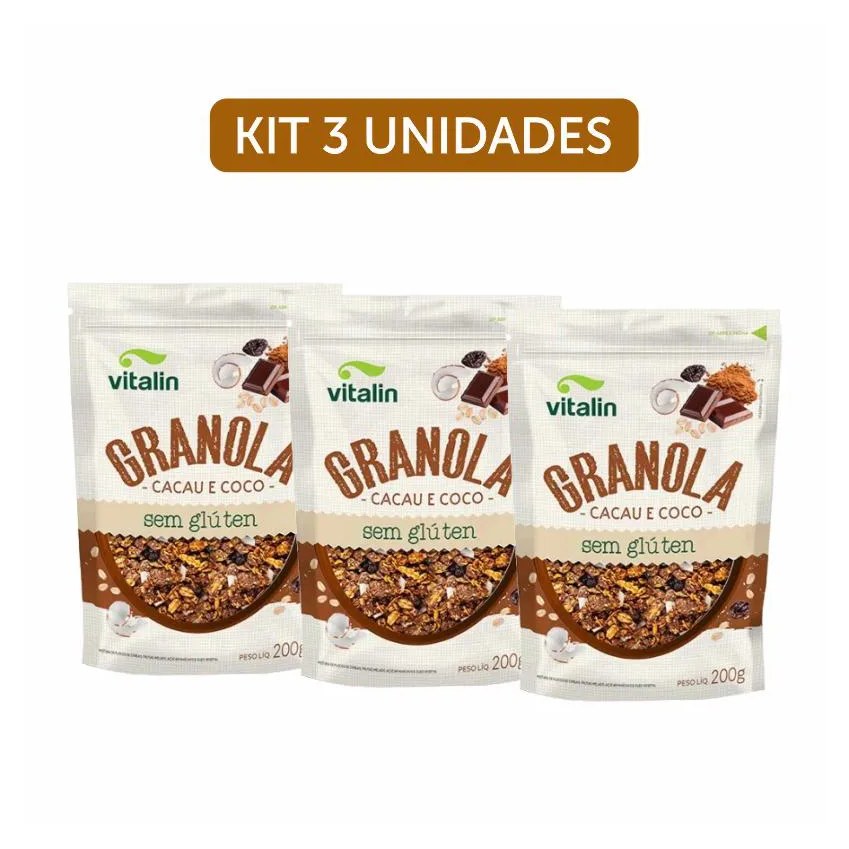 Kit 3x: Granola Cacau e Coco Sem Glúten Vitalin 200g