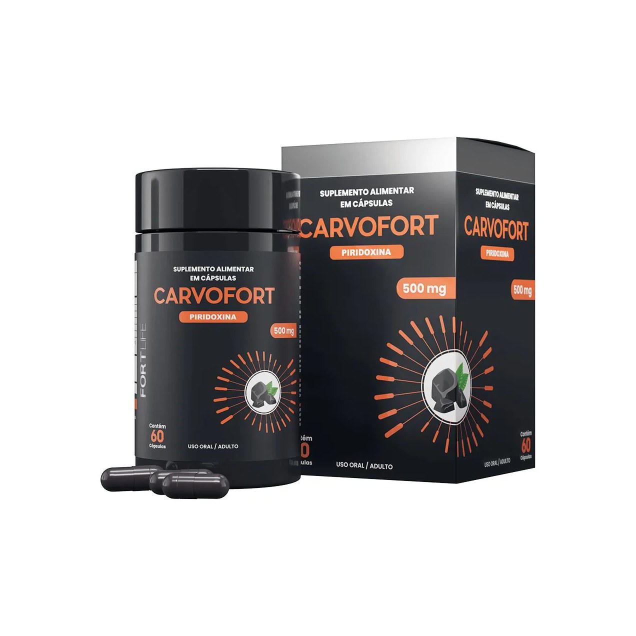 Carvofort + Piridoxina + Carvão Ativado 500mg 60 cápsulas Fortlife
