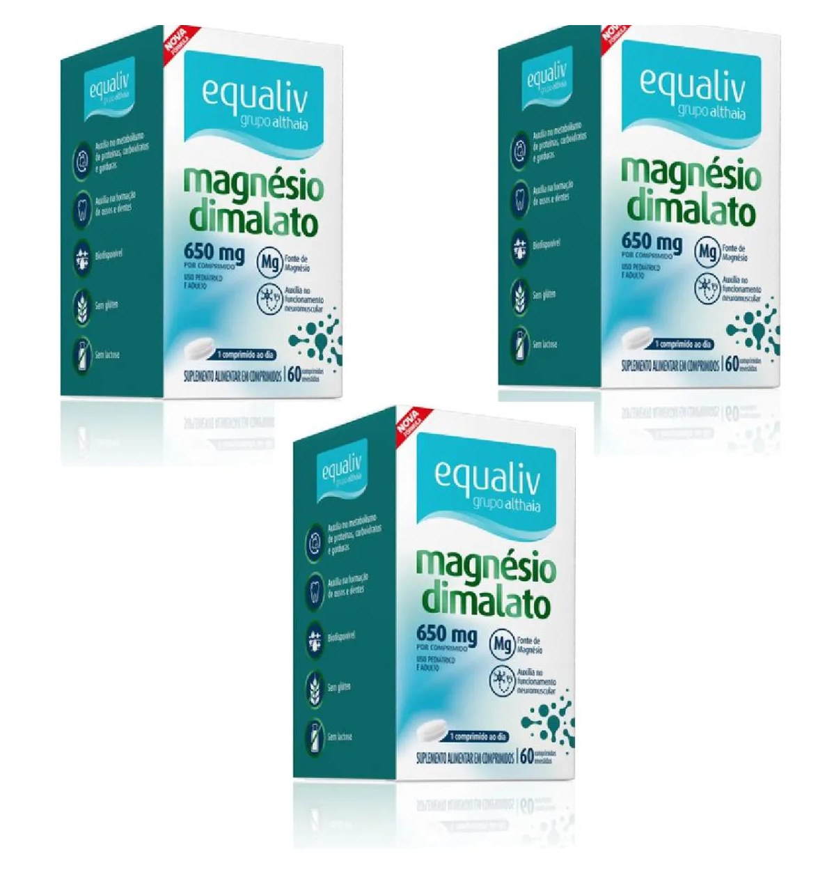 Kit 03 Suplemento Magnésio Dimalato 650mg 60 Cpr - Equaliv