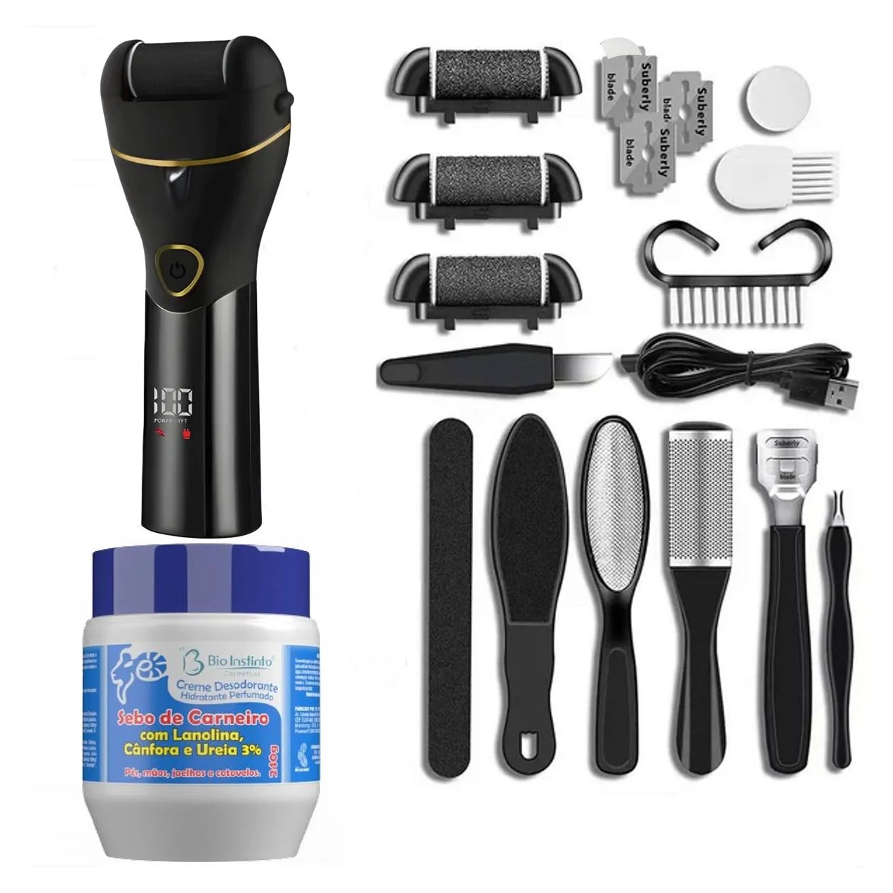 Lixa Elétrica Esfoliador Pés Recarregável Removedor de Calos + Creme Hidratante